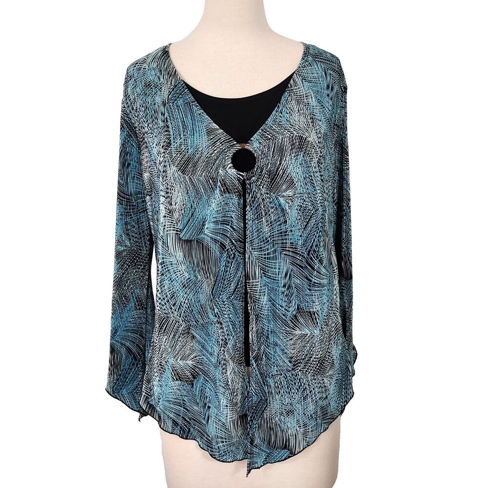 Dressbarn Blouse Top 2Fer Mini Pleat Women Size XL Stretch Scoop Neck Blue Black